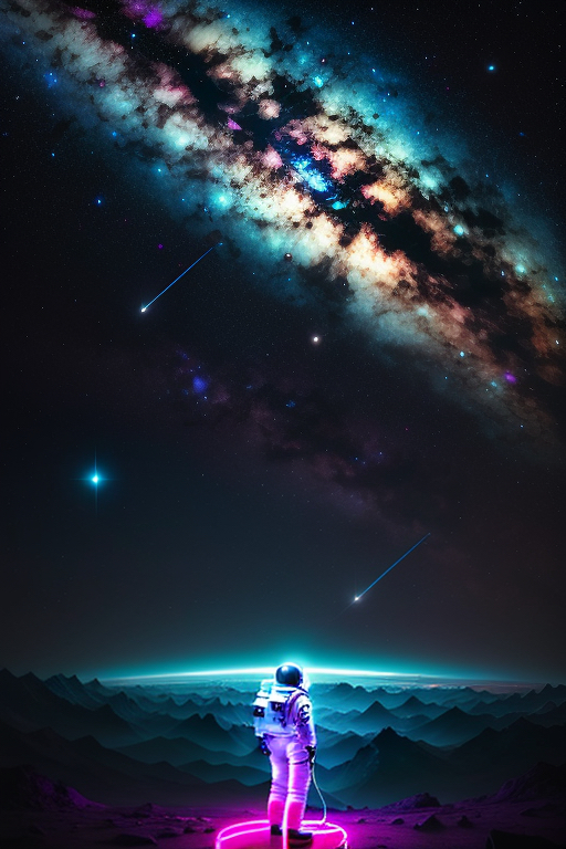 An exploring astronaut holding a weird neon whip staring off into space